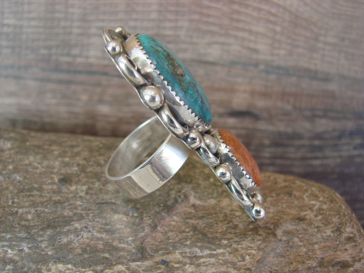 Navajo Sterling Silver Turquoise & Coral Adjustable Ring Size 9 to 11 by Cleveland