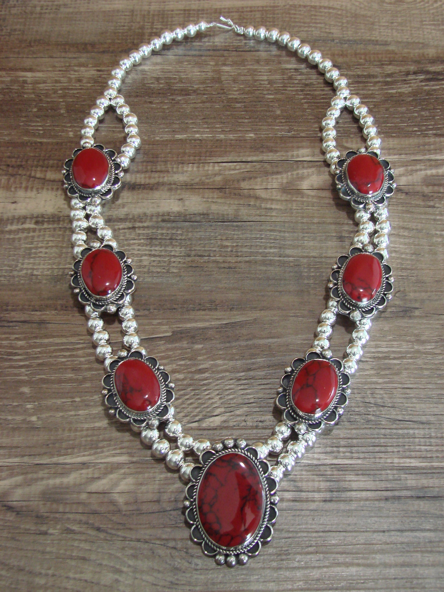 Navajo Nickel Silver & Red Howlite Necklace - Cleveland