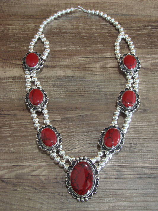 Navajo Nickel Silver & Red Howlite Necklace - Cleveland