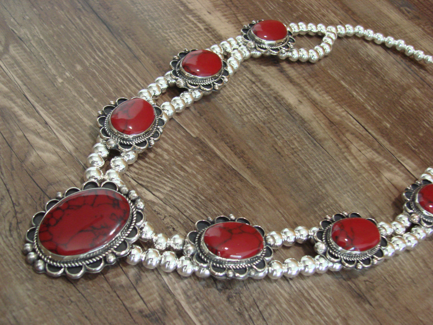 Navajo Nickel Silver & Red Howlite Necklace - Cleveland