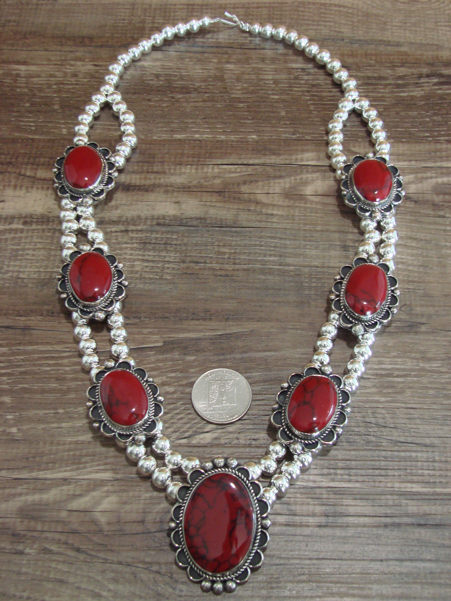 Navajo Nickel Silver & Red Howlite Necklace - Cleveland