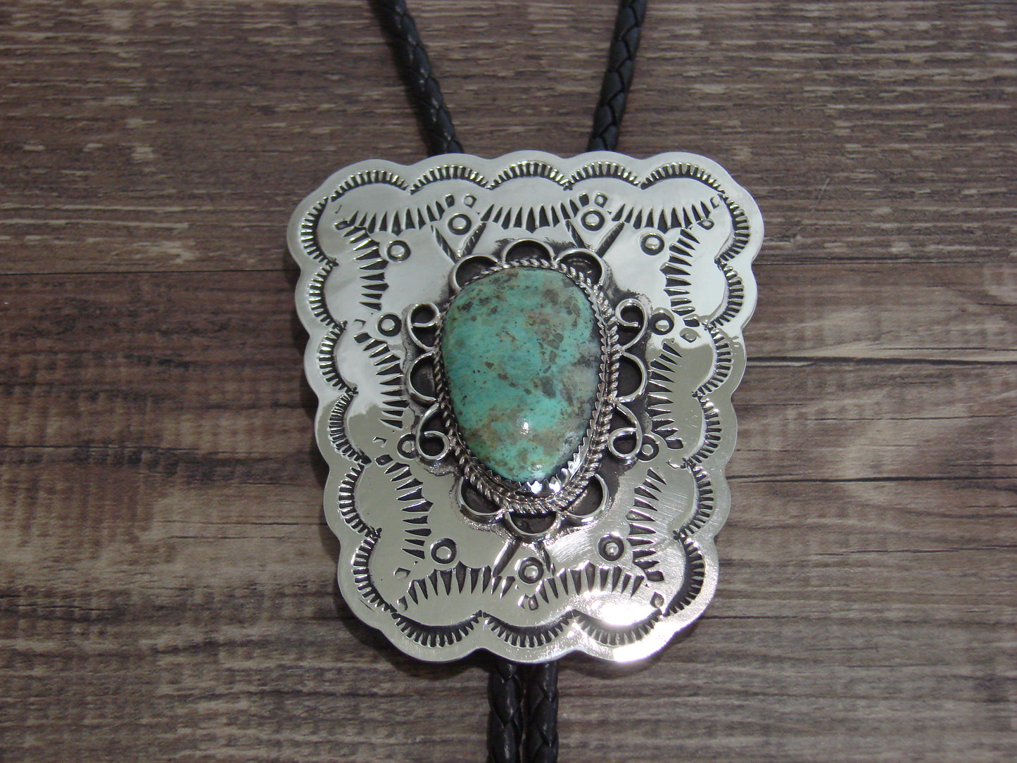 Navajo Indian Nickel Silver & Turquoise Bolo Tie - Cleveland