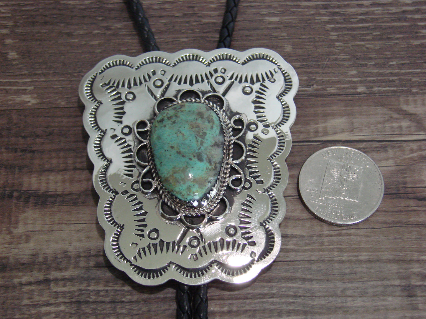 Navajo Indian Nickel Silver & Turquoise Bolo Tie - Cleveland