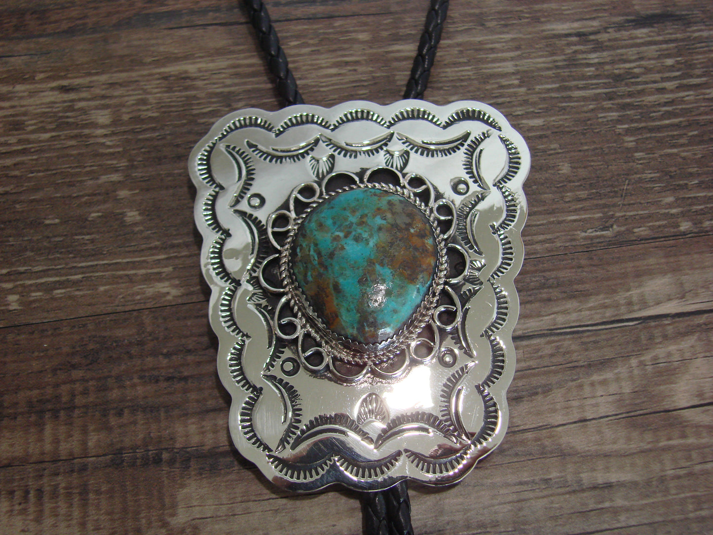 Navajo Indian Nickel Silver & Turquoise Bolo Tie - Cleveland