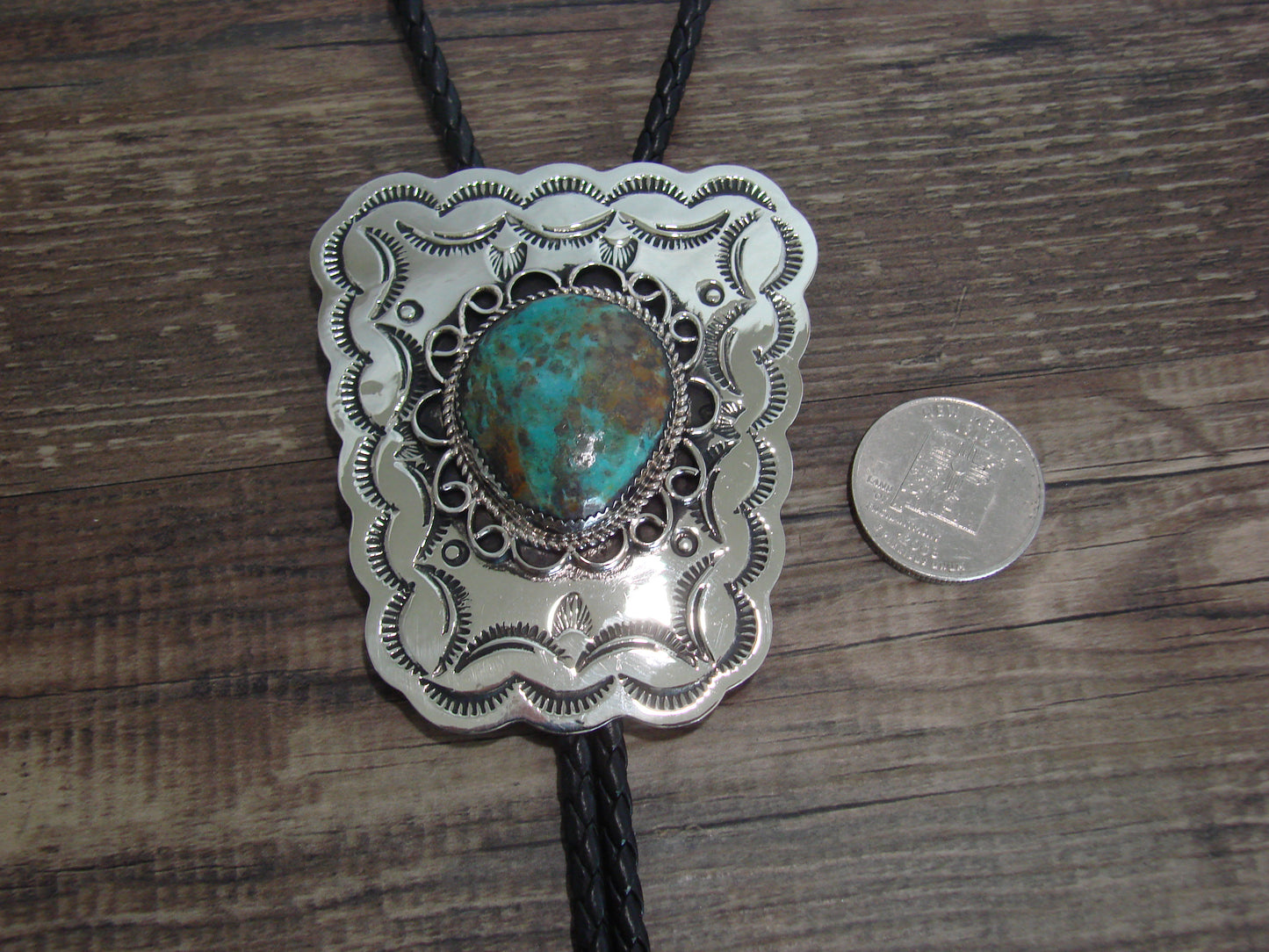 Navajo Indian Nickel Silver & Turquoise Bolo Tie - Cleveland