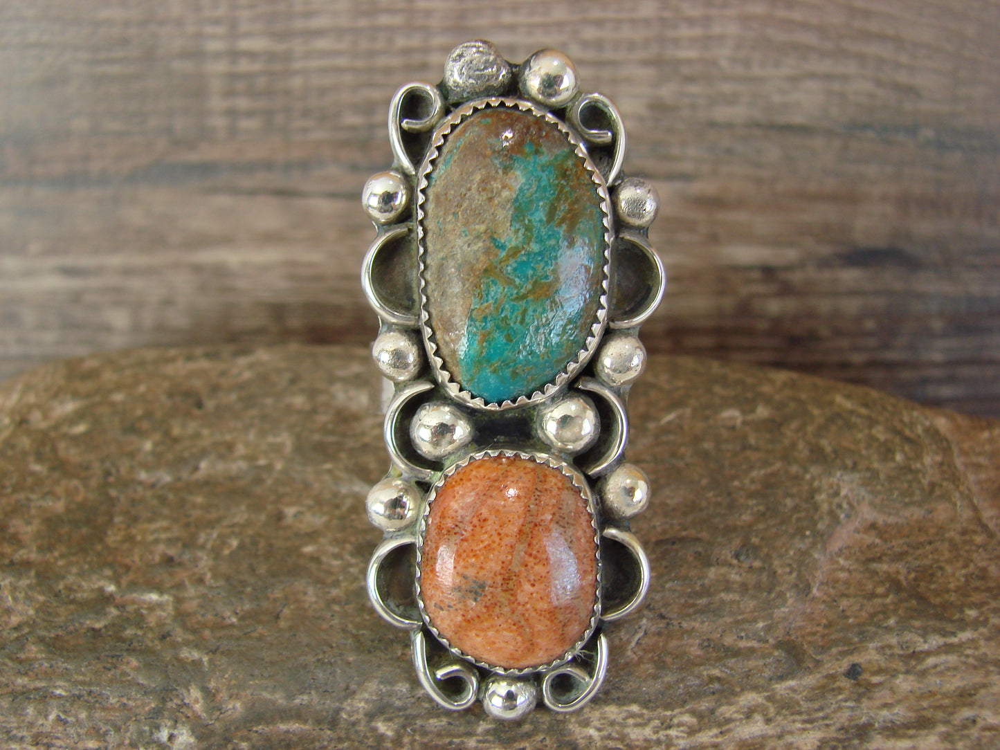 Navajo Sterling Silver Turquoise & Coral Adjustable Ring Size 9 to 11 by Cleveland