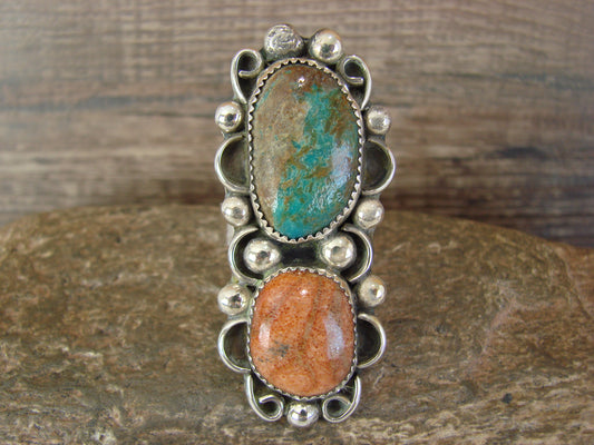 Navajo Sterling Silver Turquoise & Coral Adjustable Ring Size 9 to 11 by Cleveland