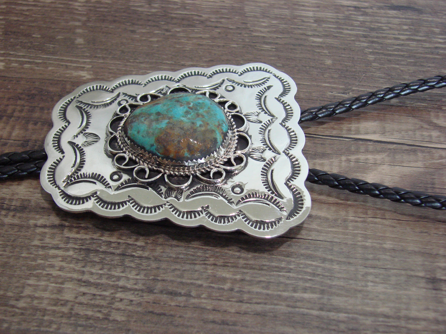 Navajo Indian Nickel Silver & Turquoise Bolo Tie - Cleveland