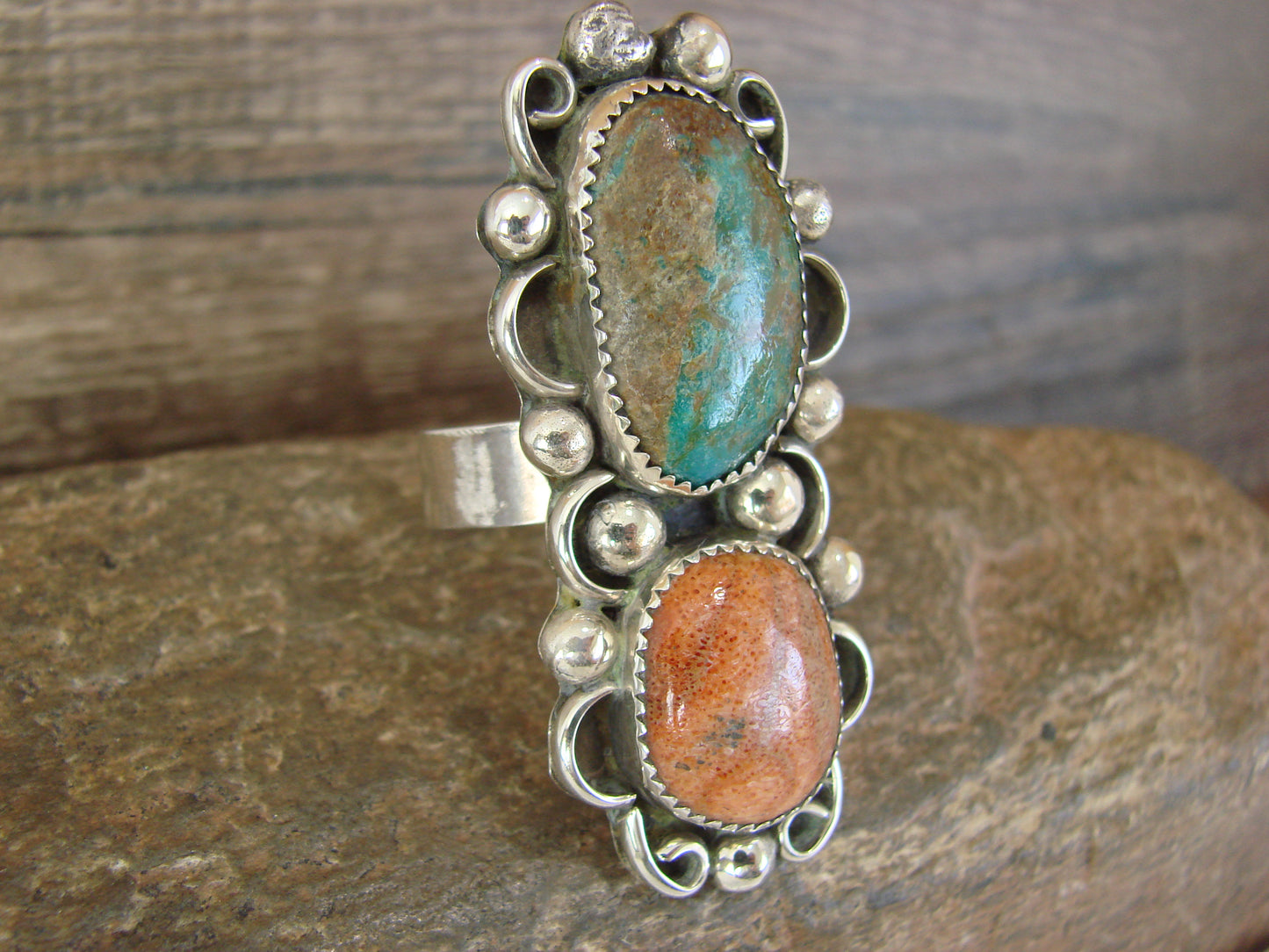 Navajo Sterling Silver Turquoise & Coral Adjustable Ring Size 9 to 11 by Cleveland
