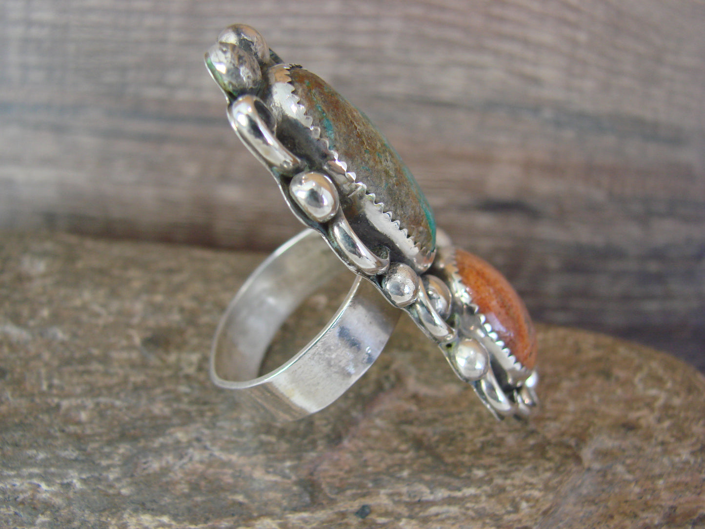 Navajo Sterling Silver Turquoise & Coral Adjustable Ring Size 9 to 11 by Cleveland