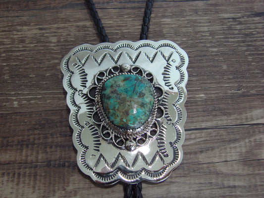 Navajo Indian Nickel Silver & Turquoise Bolo Tie - Cleveland
