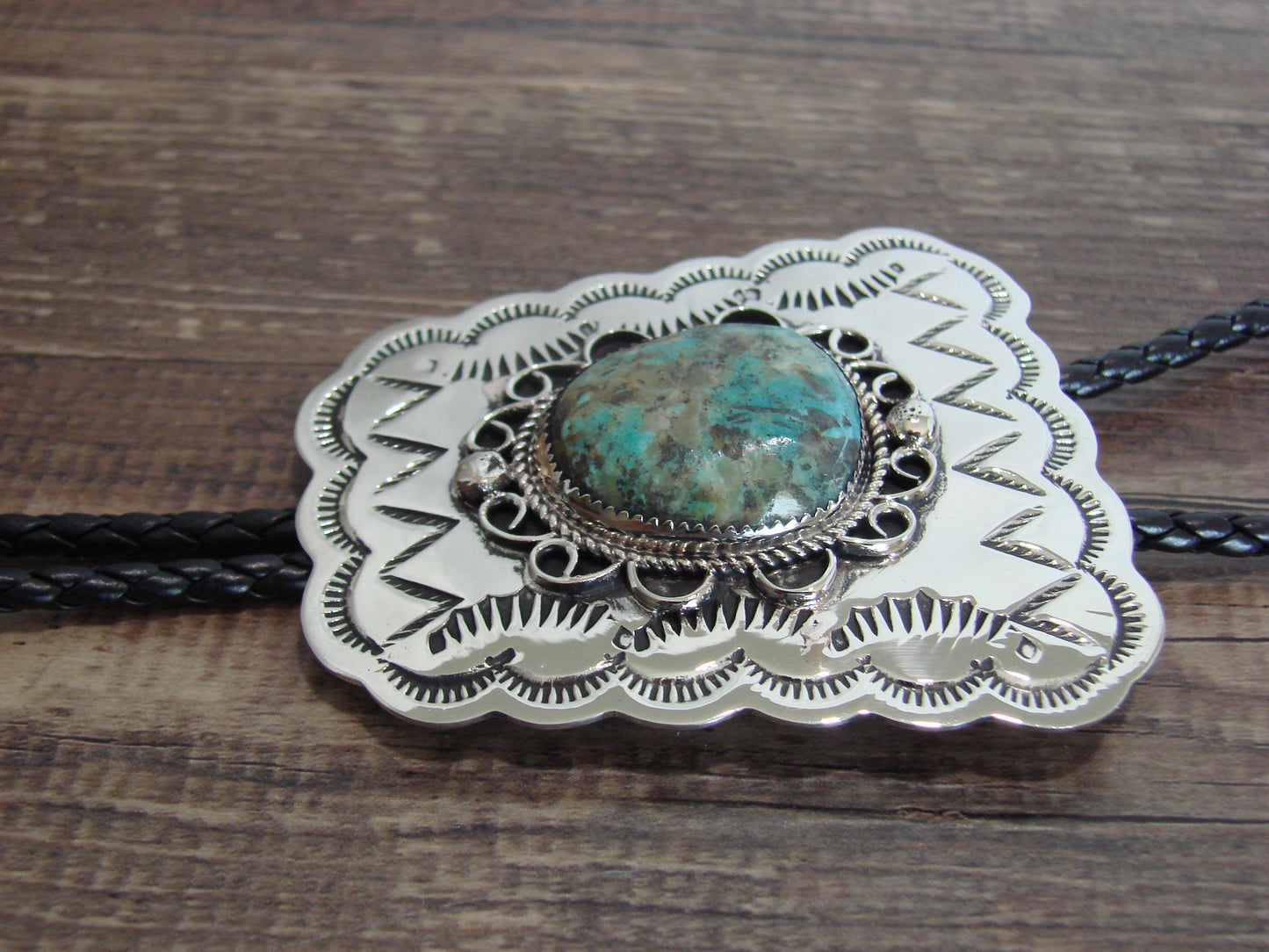 Navajo Indian Nickel Silver & Turquoise Bolo Tie - Cleveland