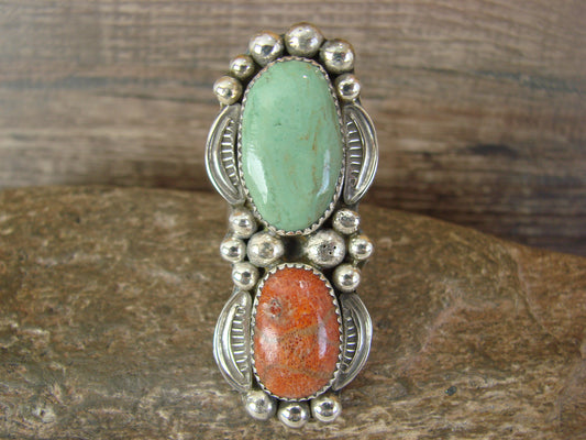 Navajo Sterling Silver Turquoise & Coral Adjustable Ring Size 9 to 11 by Cleveland