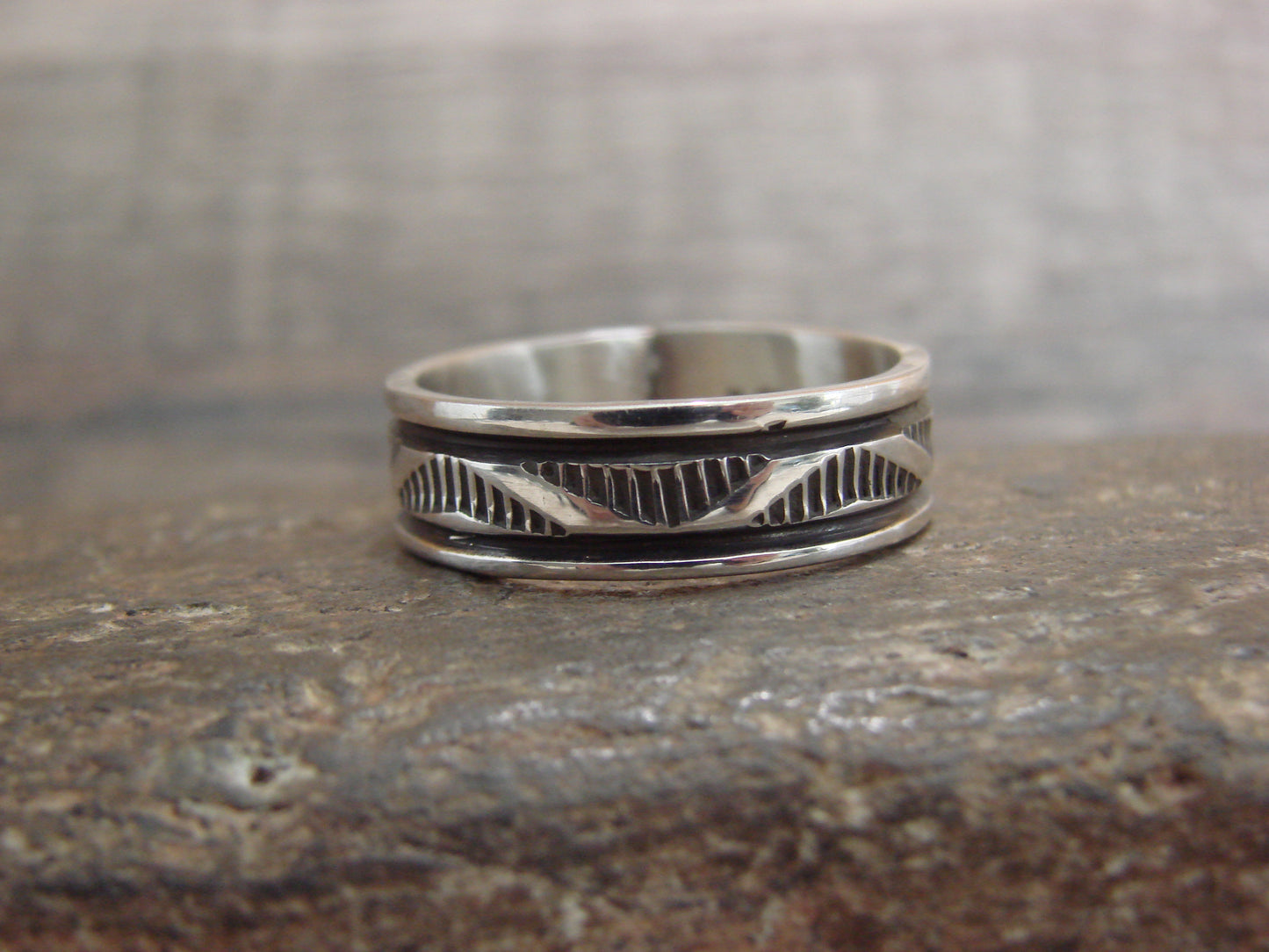 Navajo Hand Stamped Sterling Silver Ring Band - Bruce Morgan - Size 11