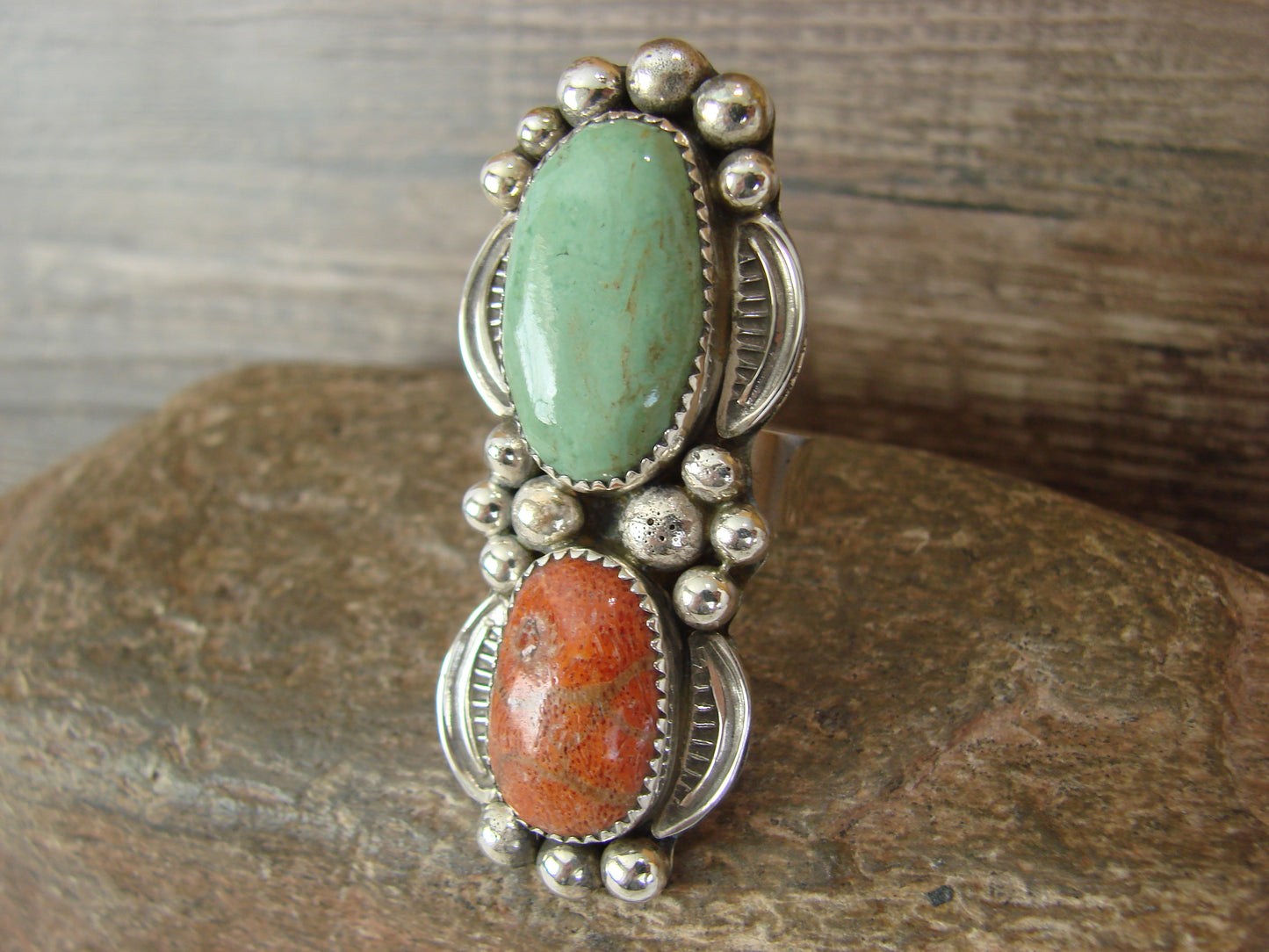 Navajo Sterling Silver Turquoise & Coral Adjustable Ring Size 9 to 11 by Cleveland