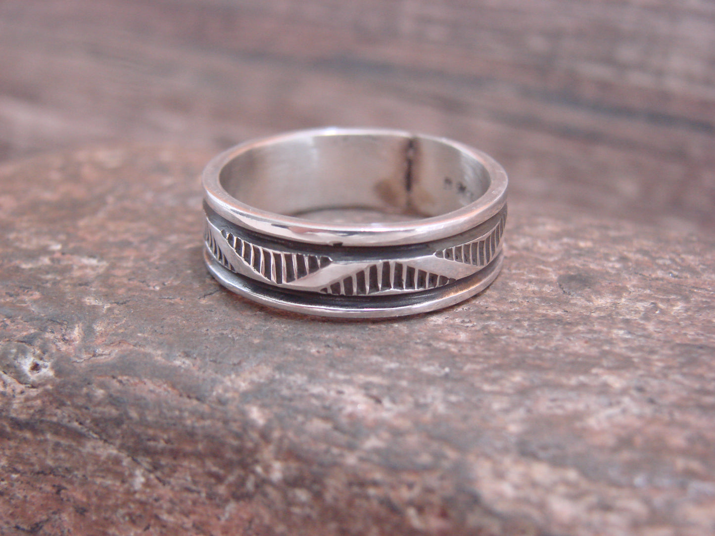 Navajo Hand Stamped Sterling Silver Ring Band - Bruce Morgan - Size 11