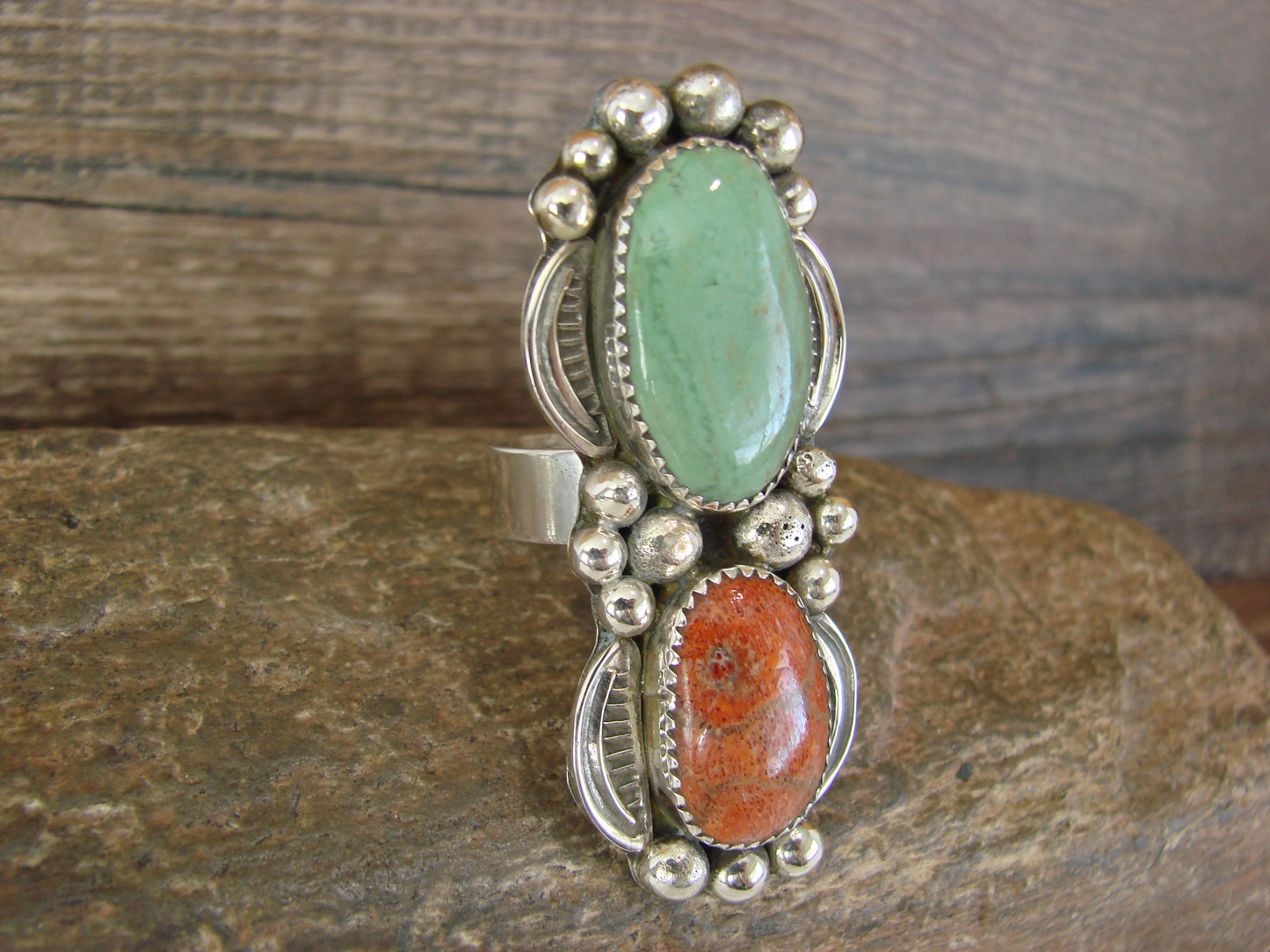 Navajo Sterling Silver Turquoise & Coral Adjustable Ring Size 9 to 11 by Cleveland