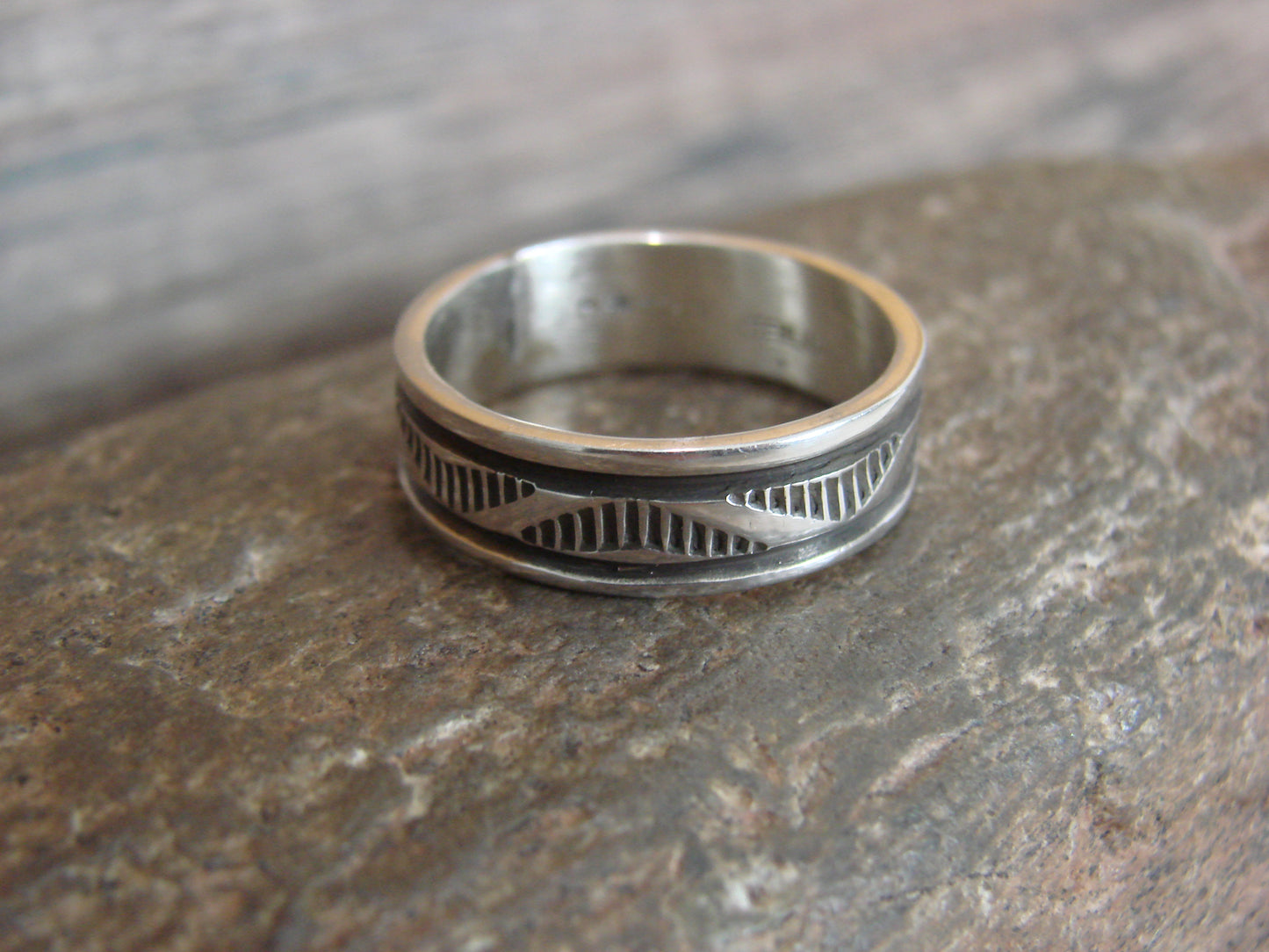 Navajo Hand Stamped Sterling Silver Ring Band - Bruce Morgan - Size 11