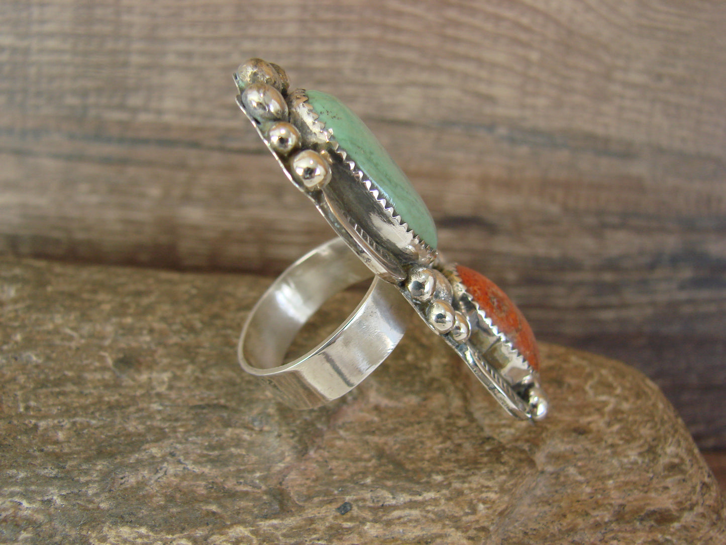 Navajo Sterling Silver Turquoise & Coral Adjustable Ring Size 9 to 11 by Cleveland