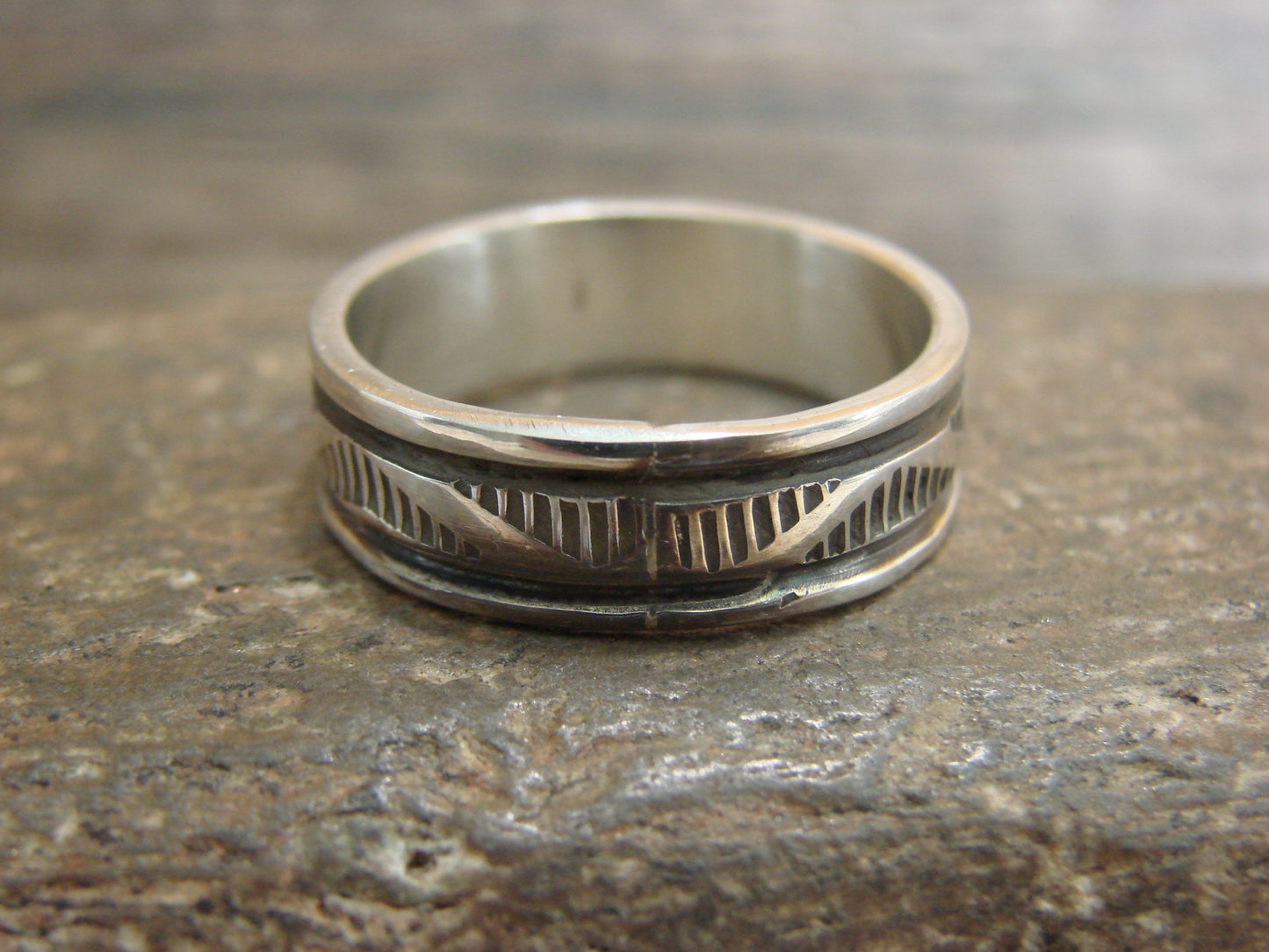 Navajo Hand Stamped Sterling Silver Ring Band - Bruce Morgan - Size 11