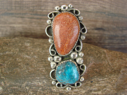 Navajo Sterling Silver Turquoise & Coral Adjustable Ring Size 9 to 11 by Cleveland