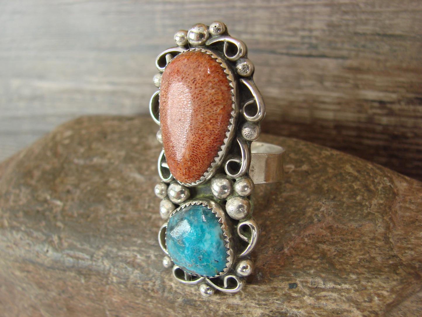 Navajo Sterling Silver Turquoise & Coral Adjustable Ring Size 9 to 11 by Cleveland
