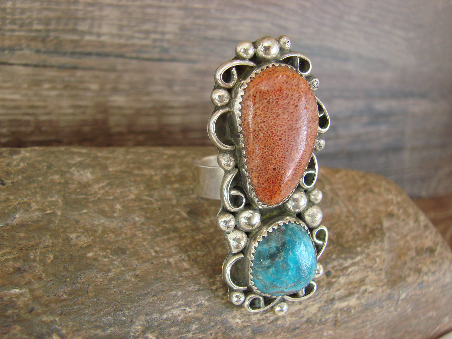 Navajo Sterling Silver Turquoise & Coral Adjustable Ring Size 9 to 11 by Cleveland