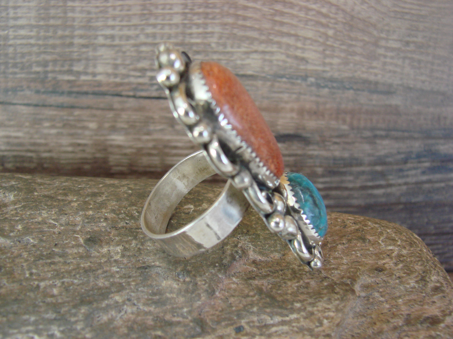Navajo Sterling Silver Turquoise & Coral Adjustable Ring Size 9 to 11 by Cleveland