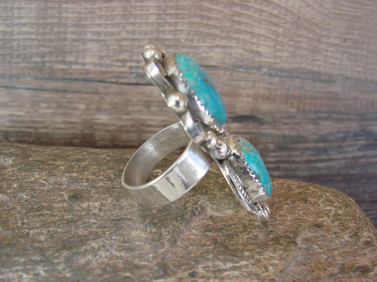 Navajo Sterling Silver Turquoise Adjustable Ring Size 9 to 11 by Cleveland
