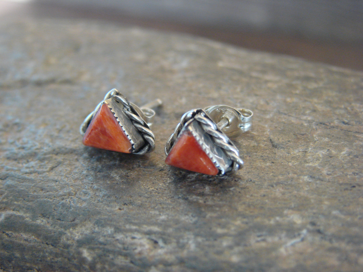 Zuni Indian Sterling Silver Triangular Spiny Oyster Post Earrings by Cachini