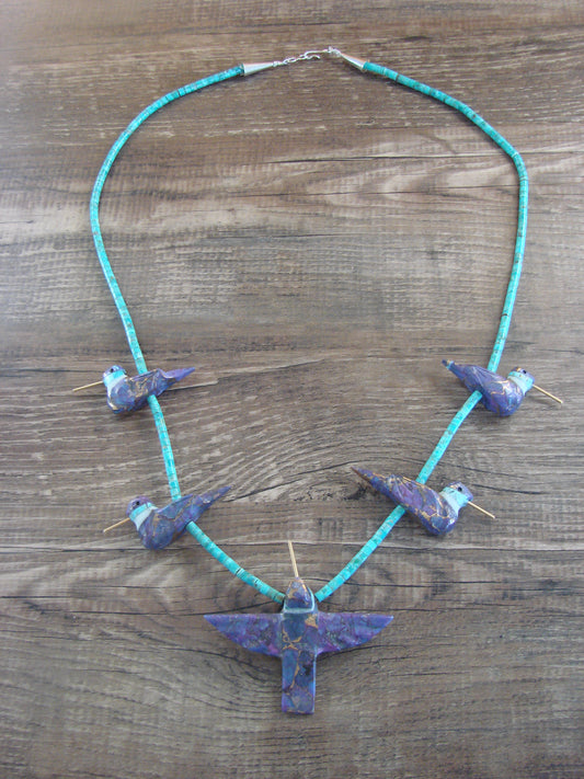 Purple Mohave Copper Infused Turquoise Hummingbird Fetish Necklace - Mitchell