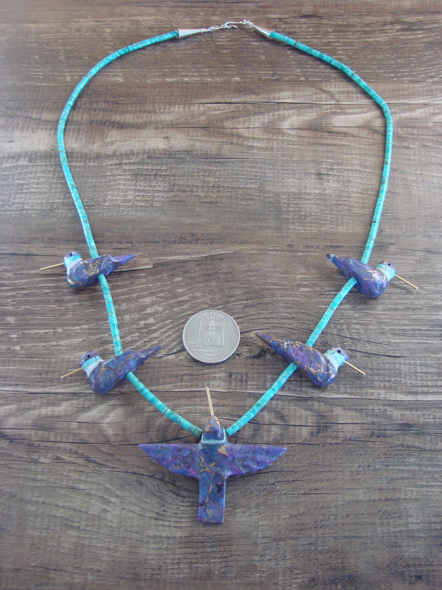 Purple Mohave Copper Infused Turquoise Hummingbird Fetish Necklace - Mitchell