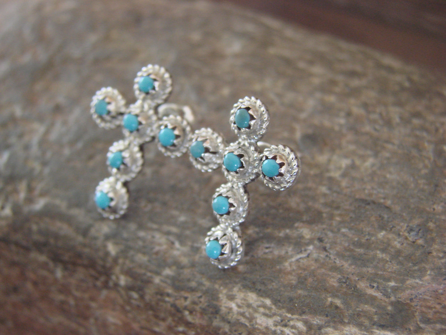 Zuni Indian Sterling Silver & Turquoise Cross Stud Post Earrings by Nakatewa