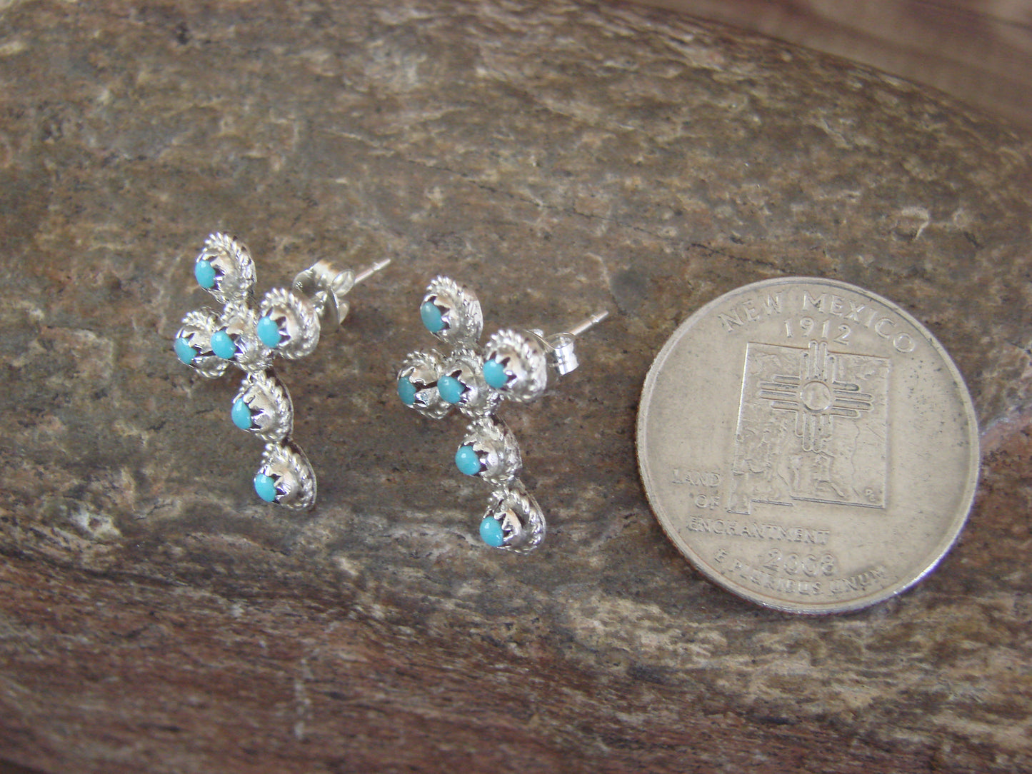 Zuni Indian Sterling Silver & Turquoise Cross Stud Post Earrings by Nakatewa