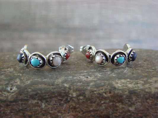 Zuni Indian Sterling Silver Multi Stone Half Hoop Post Earrings by Lonasee