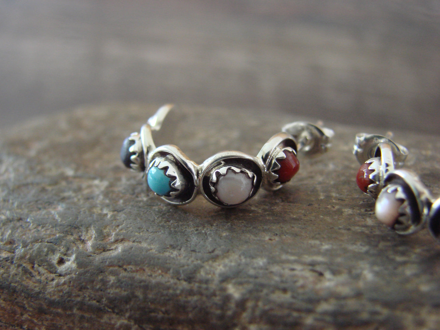 Zuni Indian Sterling Silver Multi Stone Half Hoop Post Earrings by Lonasee