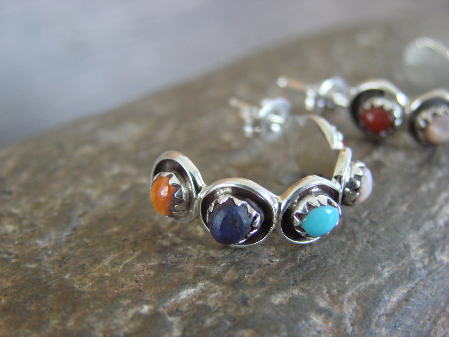 Zuni Indian Sterling Silver Multi Stone Half Hoop Post Earrings by Lonasee