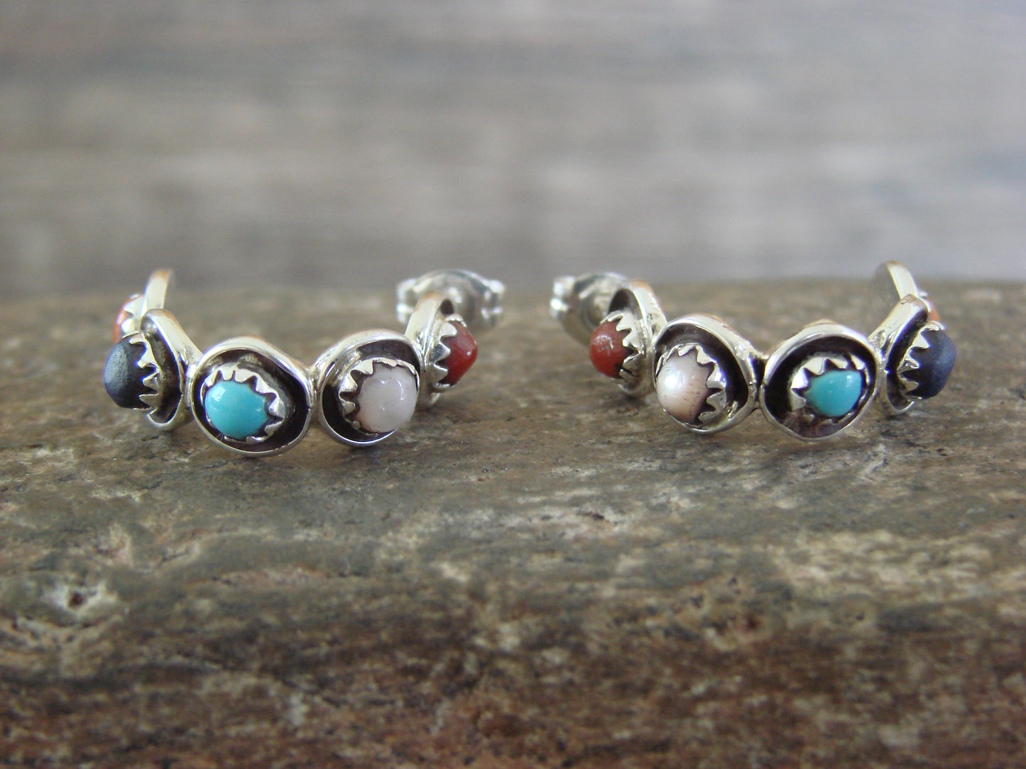 Zuni Indian Sterling Silver Multi Stone Half Hoop Post Earrings by Lonasee