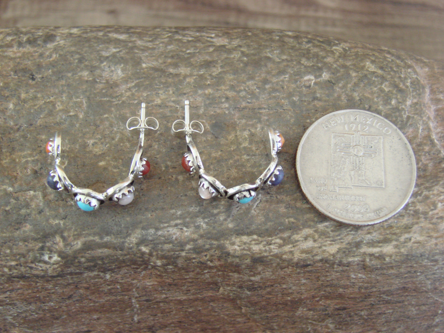 Zuni Indian Sterling Silver Multi Stone Half Hoop Post Earrings by Lonasee