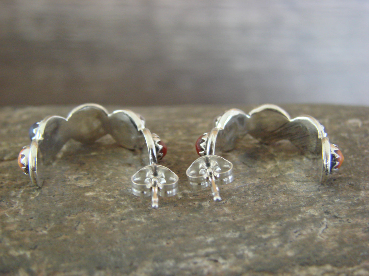 Zuni Indian Sterling Silver Multi Stone Half Hoop Post Earrings by Lonasee