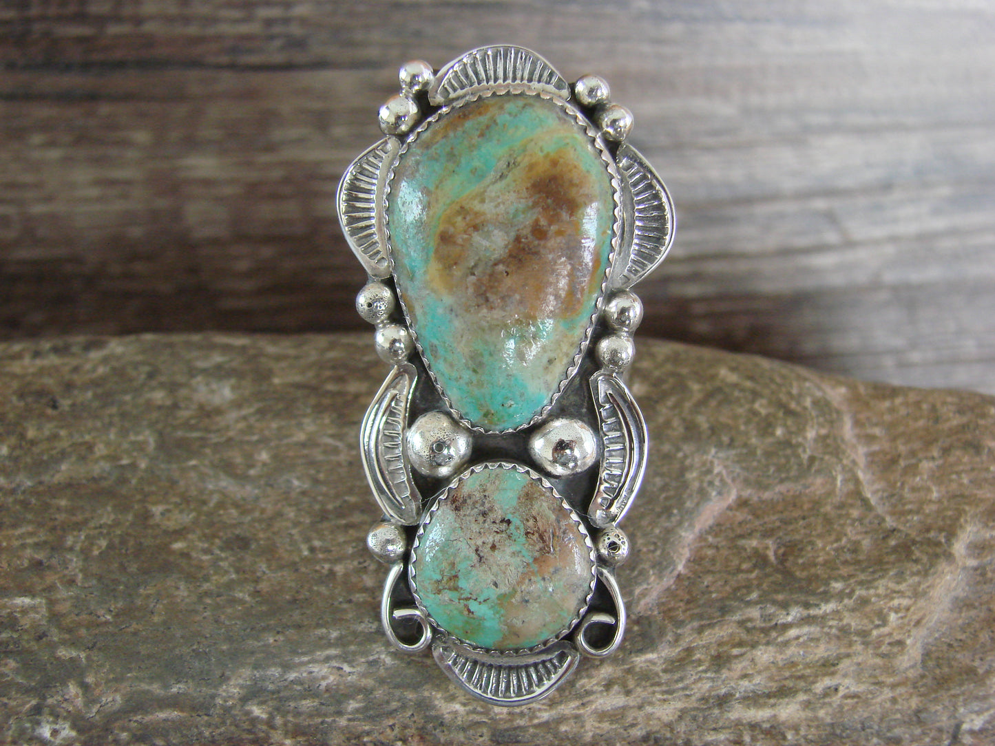 Large Navajo Sterling Silver Turquoise Adjustable Ring Size 10 to 12 - Cleveland
