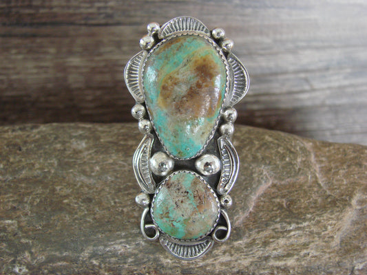 Large Navajo Sterling Silver Turquoise Adjustable Ring Size 10 to 12 - Cleveland