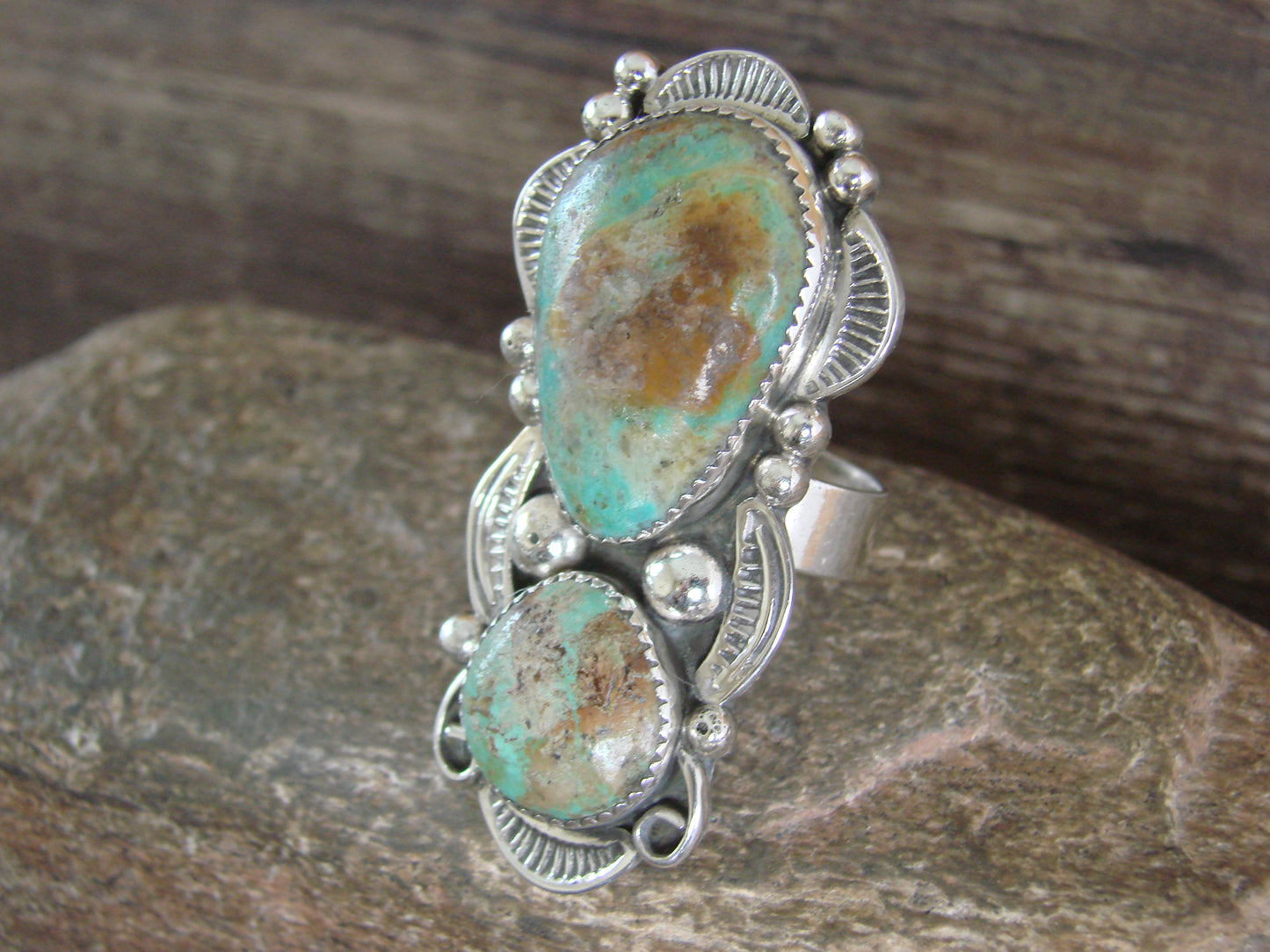 Large Navajo Sterling Silver Turquoise Adjustable Ring Size 10 to 12 - Cleveland