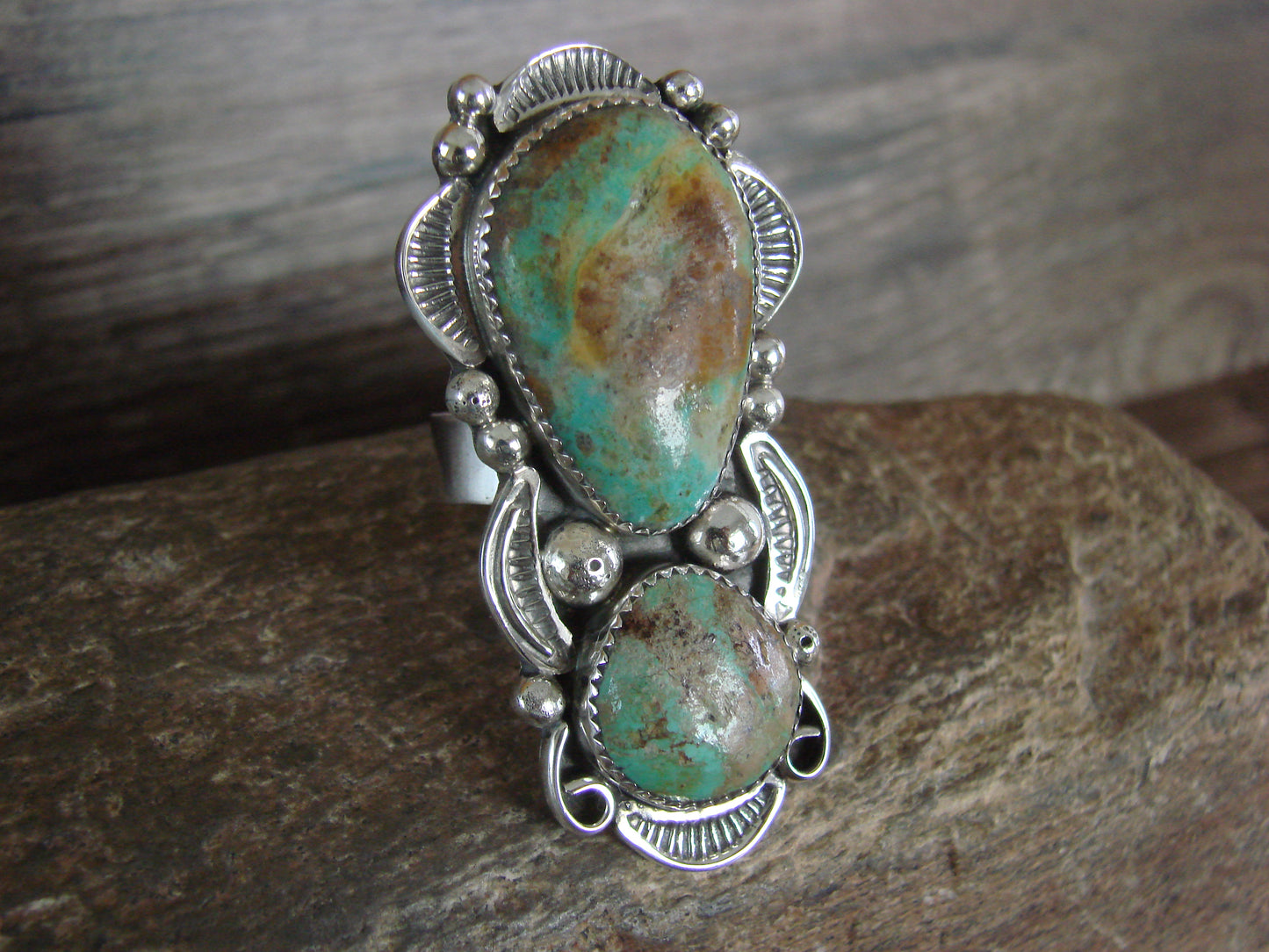 Large Navajo Sterling Silver Turquoise Adjustable Ring Size 10 to 12 - Cleveland