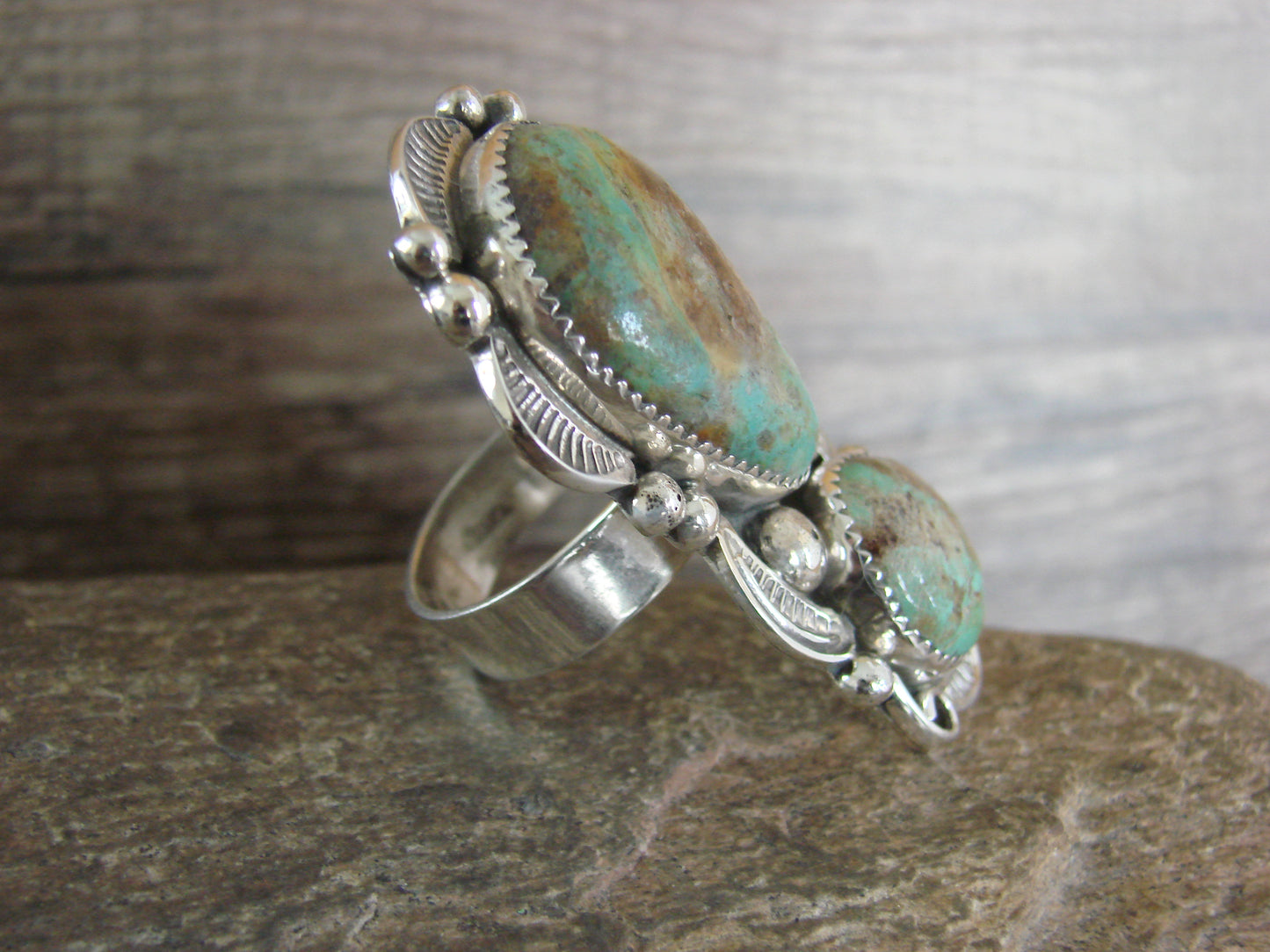 Large Navajo Sterling Silver Turquoise Adjustable Ring Size 10 to 12 - Cleveland