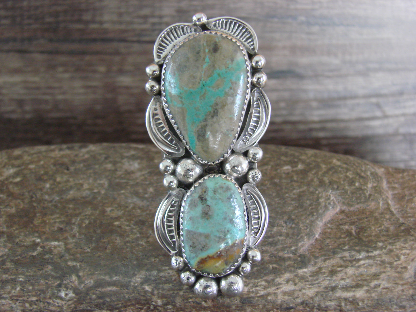 Large Navajo Sterling Silver Turquoise Adjustable Ring Size 10 to 12 - Cleveland
