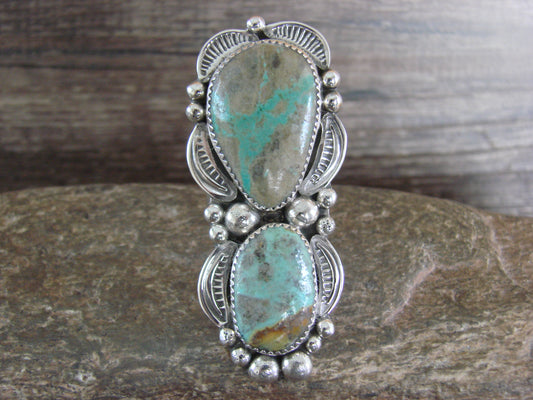 Large Navajo Sterling Silver Turquoise Adjustable Ring Size 10 to 12 - Cleveland