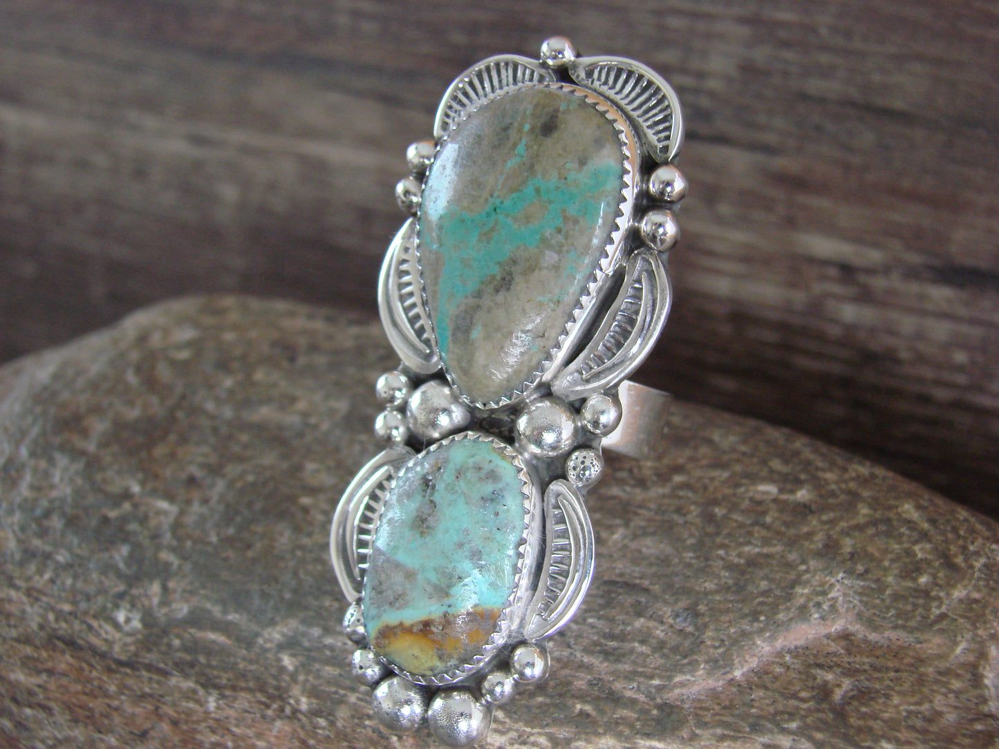 Large Navajo Sterling Silver Turquoise Adjustable Ring Size 10 to 12 - Cleveland