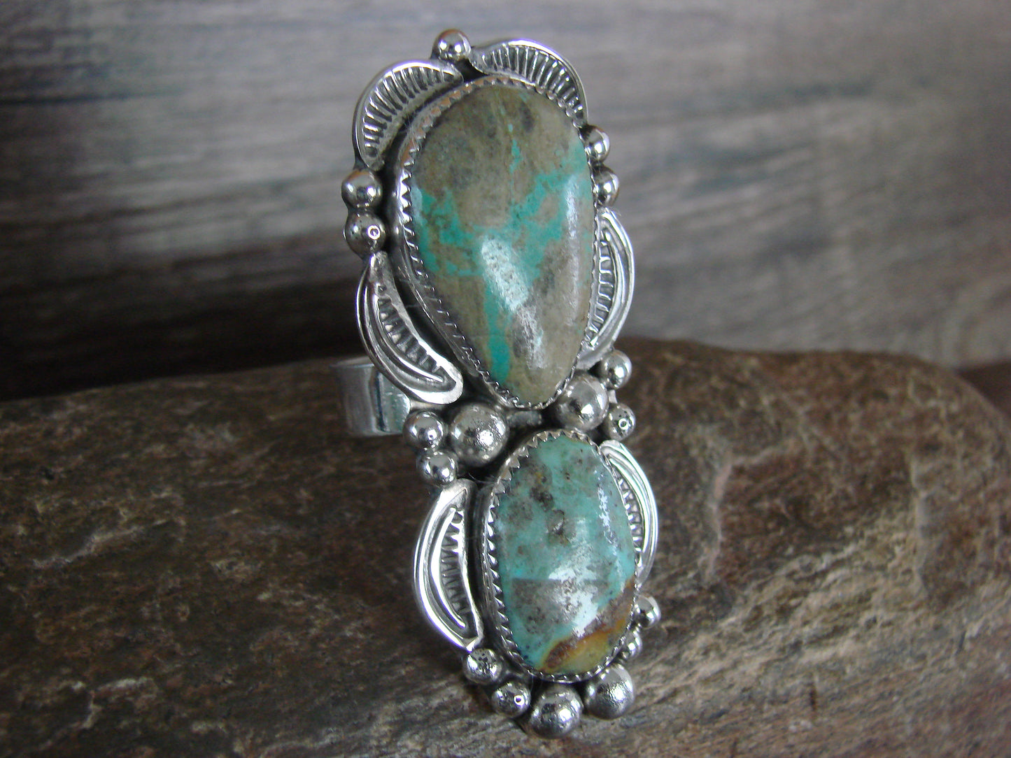 Large Navajo Sterling Silver Turquoise Adjustable Ring Size 10 to 12 - Cleveland