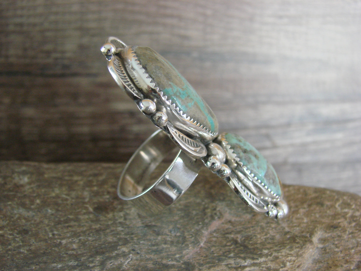 Large Navajo Sterling Silver Turquoise Adjustable Ring Size 10 to 12 - Cleveland